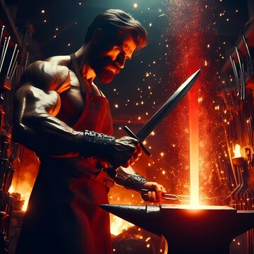 A powerful scene of a blacksmith in a dark forge, holding a glowing red-hot sword with iron tongs, with sparks flying and his muscular arms glistening, Ai generated image