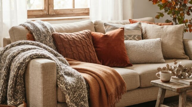Cozy living room sofa with warm blankets and decorative pillows for autumn comfort