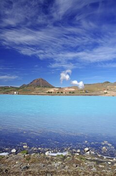 Geothermal lake and steam of a diatomaceous earth plant, volcano, Myvatn, Iceland