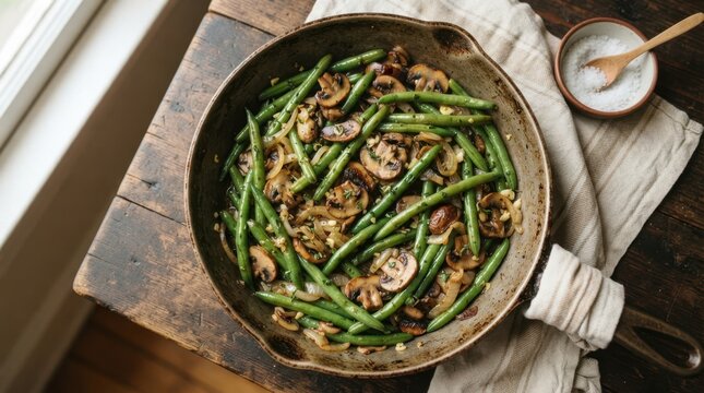 Savory green beans and mushrooms cooked in a cast iron skillet with onions