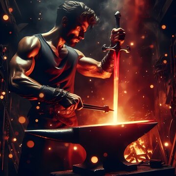 A powerful scene of a blacksmith in a dark forge, holding a glowing red-hot sword with iron tongs, with sparks flying and his muscular arms glistening, Ai generated image