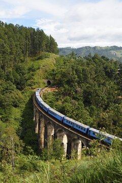 Train on the Nine Arches Bridge in the highlands near Ella, Sri Lanka
