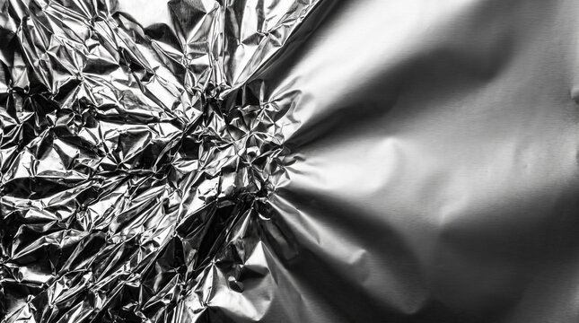 Aluminum foil features a crumpled silver surface texture with metallic reflections.