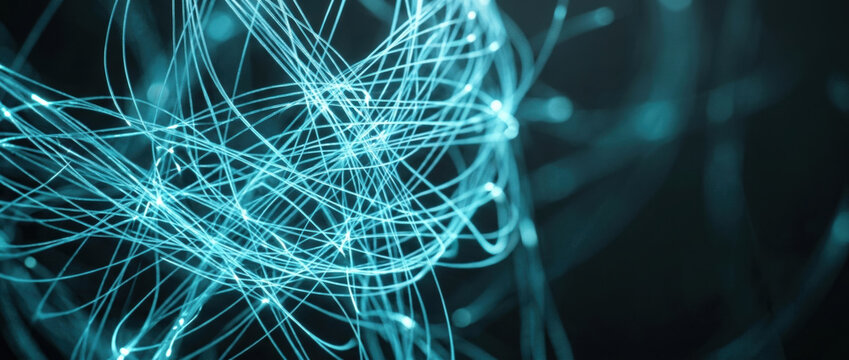 Abstract healthcare innovation network with glowing blue fiber connection and digital complexity