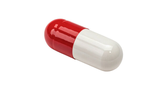 Medical capsule pill in red and white colors isolated on transparent background.