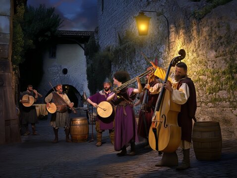 Medieval Italian Musicians Playing Horn Lutes Flute Beside Riverside Tavern