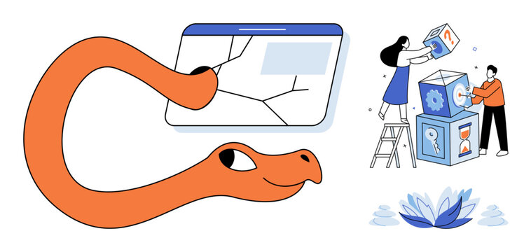A digital snake attacking a broken screen and people stacking blocks vector illustration. Cyber security, data breach, system protection, teamwork, problem solving, digital threat. Malware attack on