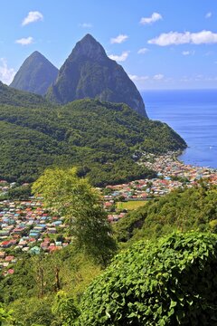 Tropical landscape with view of the village and the two Pitons, Gros Piton 770m and Petit Piton 743m, Soufriere, St. Lucia, Lesser Antilles, West Indian Islands, Caribbean Sea