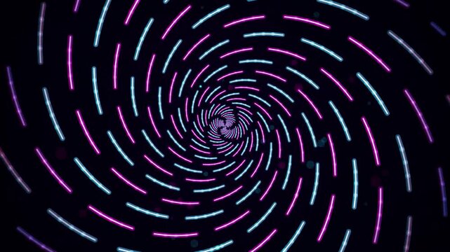 Glowing neon spiral vortex animation with pink and blue dashed lines rotating on a dark background