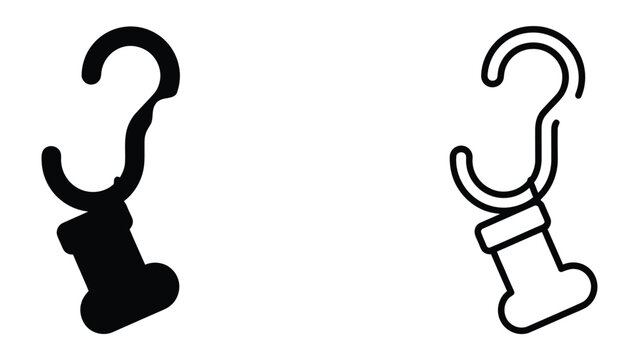 Hook Icon Set: A stylized black silhouette and an outline drawing of a hook, representing a simple tool for hanging or holding objects.