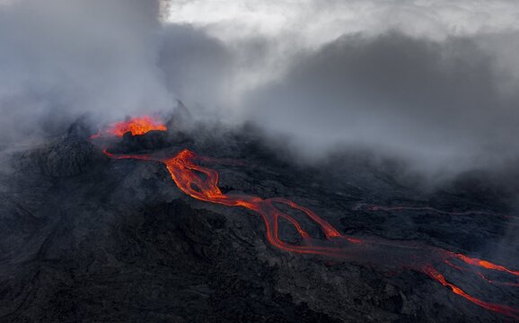 Aerial view, erupting volcano with lava fountains and lava field, crater with erupting lava and lava flow, Fagradalsfjall, Reykjanes Peninsula, Iceland