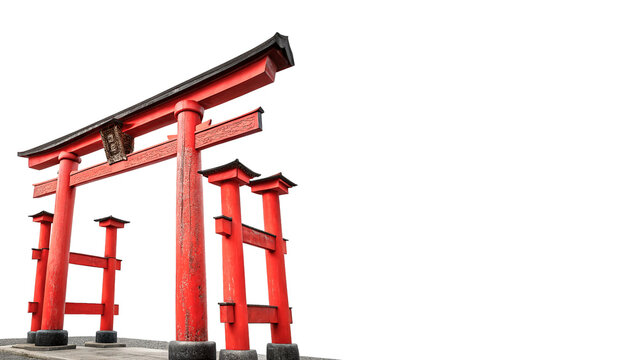 Traditional red wooden Japanese torii gate shrine isolated on transparent background.