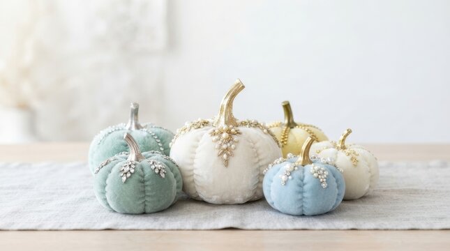 Elegant velvet pumpkins adorned with pearls and crystals for festive autumn decor