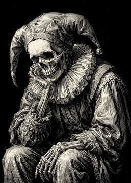 Macabre Skeleton Jester in Vintage Harlequin Costume
