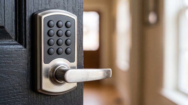 Smart keypad door lock is installed on a dark wood entry door.