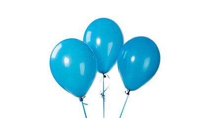 Three blue shiny helium balloons floating together isolated on transparent background. © Ramsey