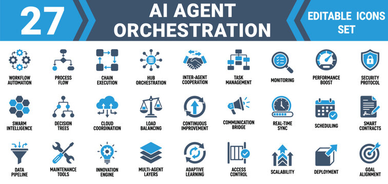 Set of 27 ai agent orchestration icons for workflow automation and machine learning process flow visualization Editable Solid Fill Vector Icon Pack