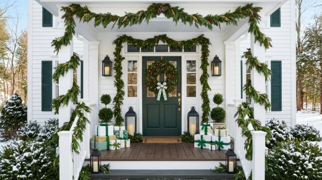 Festive Christmas porch decorated with garlands, wreath, and gifts
