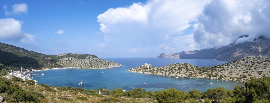 Sailing boats in Panormitis Bay, Symi, Dodecanese, Greece