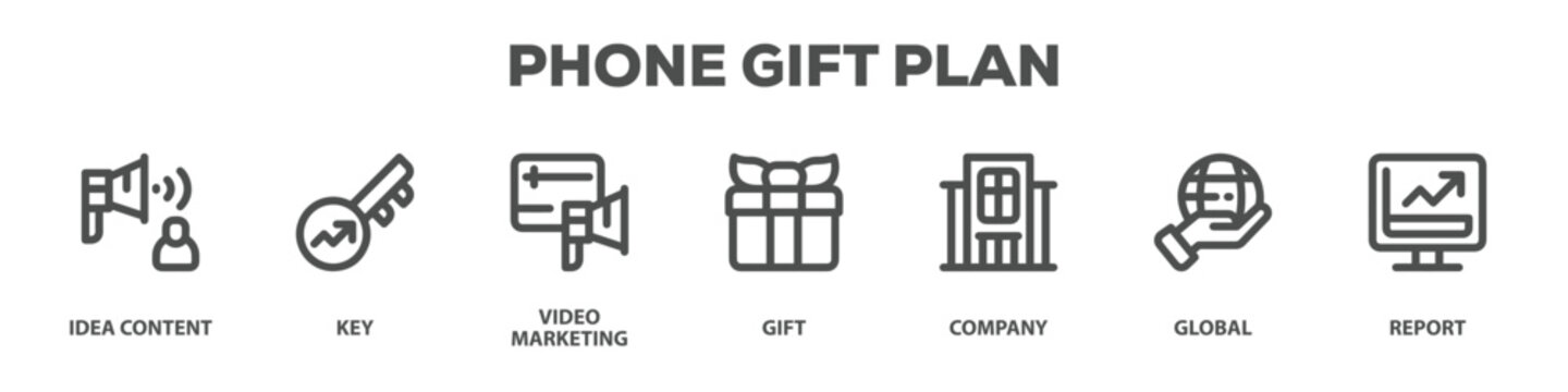 Phone Gift Plan with icon of Idea content, Key, Video marketing, Gift, Company, Global, Report