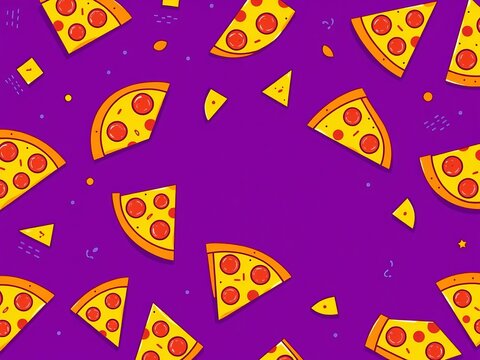 Colorful vector illustration featuring slices of pizza arranged in a playful pattern on a deep purple background, with colorful accents and textures, sweet, ||pizza