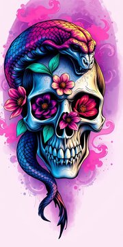 Ink-filled design of a snake wrapped around a skull with flowers blooming from the eyes, tattoo flash, design