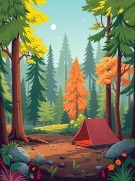 Illustrated forest landscape with tent and trees, ||camping, illustration
