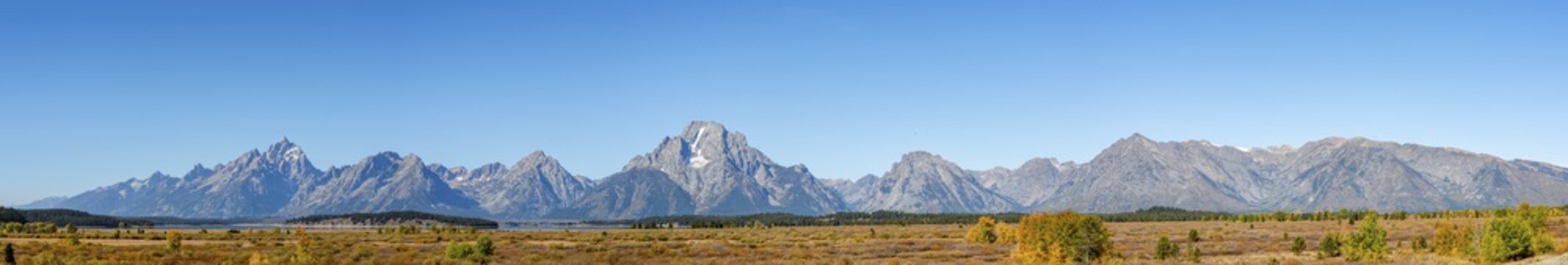 Mountain panorama with Mount Moran and Grand Teton peaks, Autumn landscape, yellow coloured aspens (Populus tremula) and bushes, Willow Flats Overlook, Teton Range mountain range, Grand Teton National Park, Wyoming, USA
