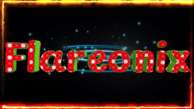 Text reading Flareonix rendered in 3D red pattern font is framed by a glowing orange neon border with sparkling light particles.