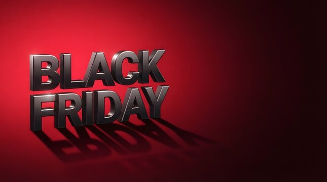 A bold three dimensional black friday text design featuring metallic letters casting long shadows on a vibrant red background perfect for seasonal retail marketing campaigns