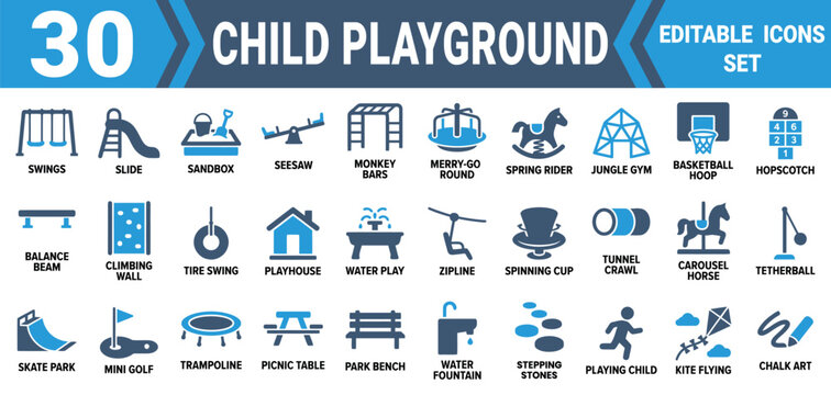 Set of 30 child playground and park equipment icons featuring swings slide sandbox and outdoor recreational activities Editable Solid Fill Vector Icon Pack