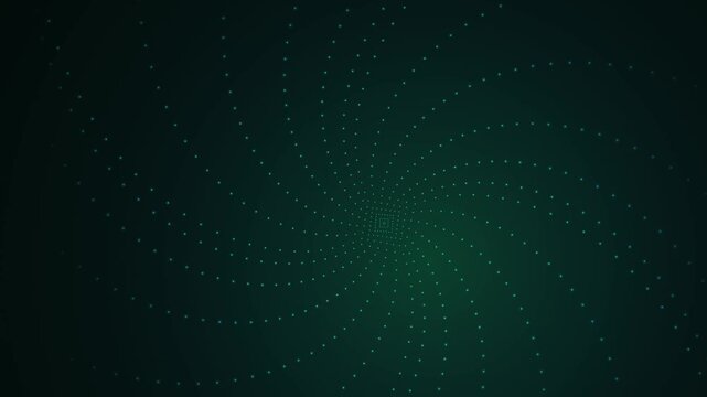 Spiral vortex pattern composed of tiny dotted points glowing with emerald green light against a dark gradient backdrop.