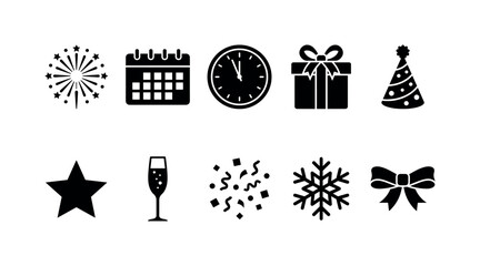 Fototapeta premium New Year Milestone, solid glyph icon set featuring fireworks, calendar, clock, gift box, party hat, star, champagne glass, confetti, snowflake and ribbon, covering dated New Year greeting source,