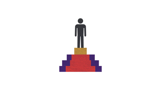 Minimalist human figure icon standing on top of a podium stair concept for business success, leadership, career achievement, winner, motivation, and growth.