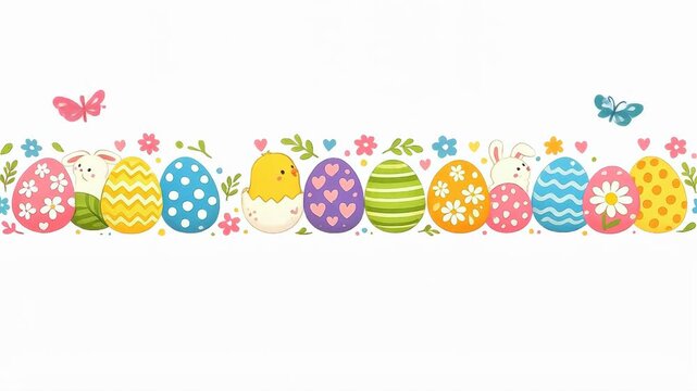 Decorated Easter Eggs and Bunnies in a Strip Banner