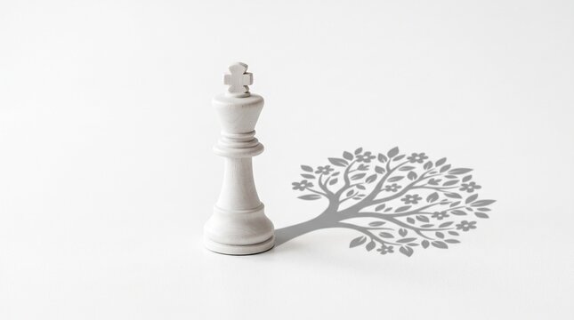 Minimalist concept of a white wooden king chess piece casting a blooming tree shadow, supportive leadership and growth metaphor