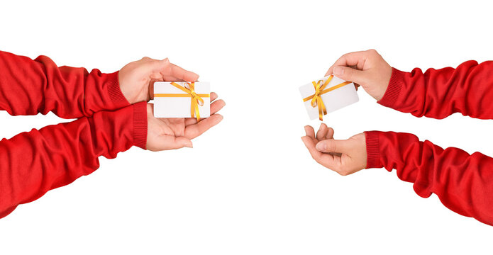 Female hands in red sleeves present a gift card isolated on transparent background for online shopping bonuses promotions discounts Christmas gifts and retail offers