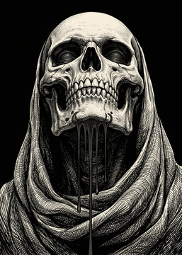 Hooded Skull Grim Reaper Looking Upward in Dark Robes