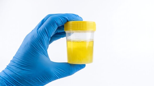 Medical professional wearing blue glove holds urine sample in clear plastic container with yellow lid for diagnostic testing in laboratory.