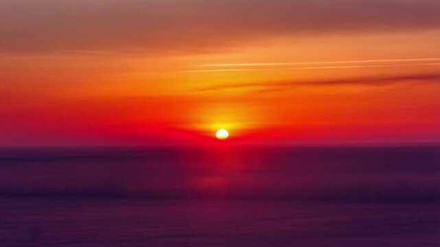 Cinematic sun setting over a flat horizon with vibrant orange and purple gradient sky, capturing a peaceful dawn or dusk atmosphere.