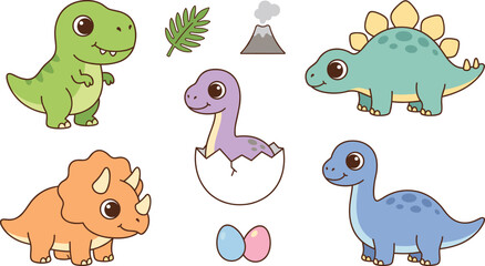 Cute Cartoon Dinosaur Vector Illustration Set Featuring Tyrannosaurus Rex Triceratops Stegosaurus Brachiosaurus and Hatching Baby Dino Egg Elements for Kids Designs © Faima