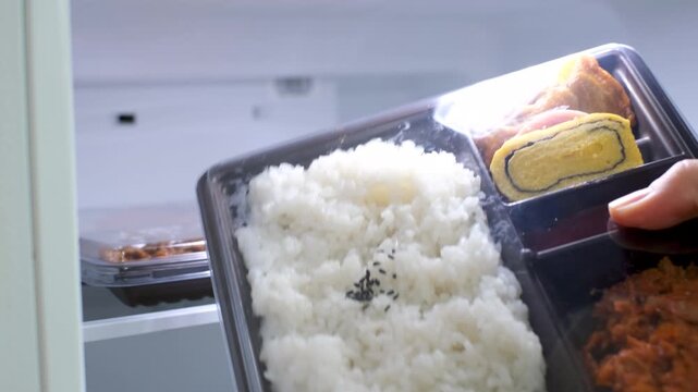 Close-up of woman's hand taking Korean lunch box in plastic packaging out of the refrigerator.
