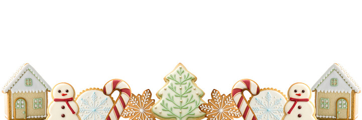 Naklejka premium Christmas holiday gingerbread cookie bottom border with snowman tree candy cane and house for web header design