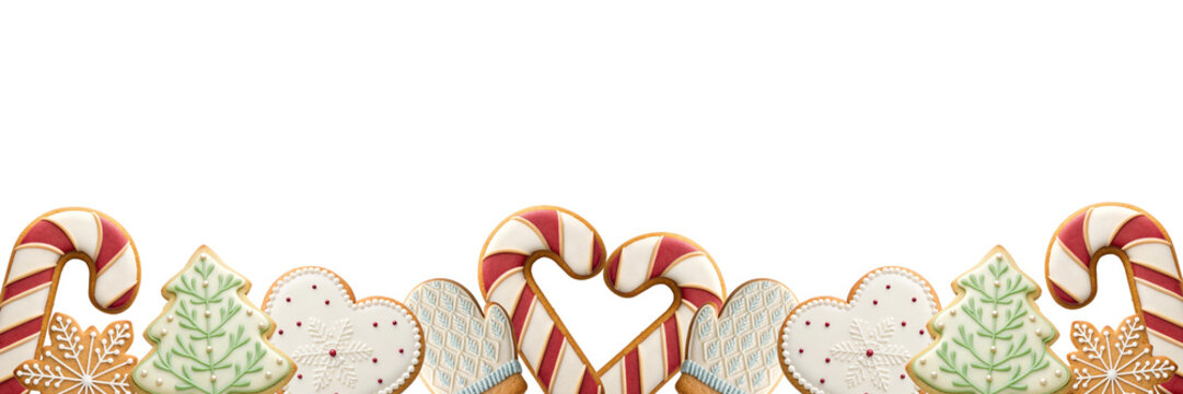 Christmas cookie border featuring candy cane tree mitten and heart gingerbreads for holiday banner and card design