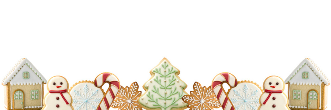 Christmas holiday gingerbread cookie bottom border with snowman tree candy cane and house for web header design