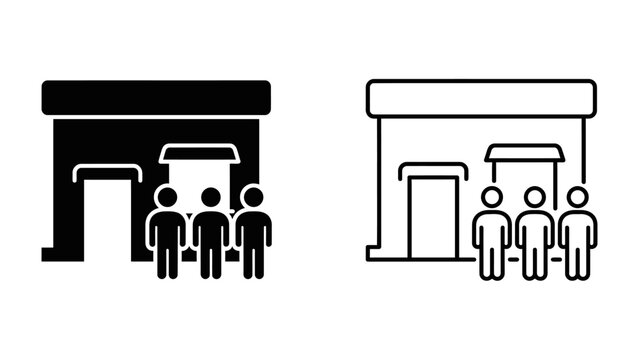 Storefront and Queue: A graphic representation of a store or business with a line of people waiting outside, symbolizing commerce and customer service.