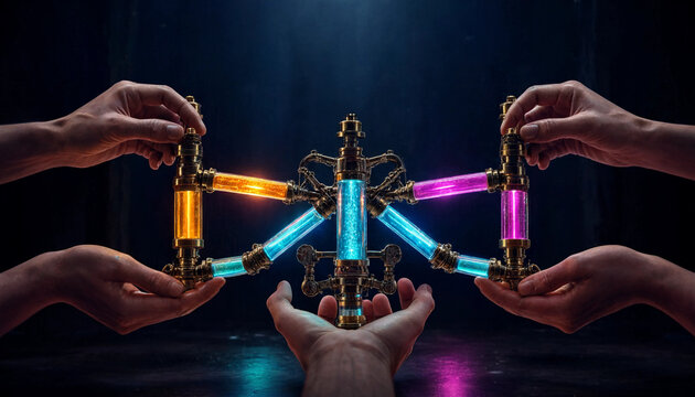 Teamwork concept with hands connecting glowing tubes in dark lab setting symbolizing collaboration and innovation