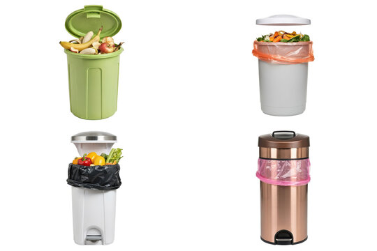 Four different types of household trash cans filled with food waste and organic scraps for composting purposes isolated on a transparent background