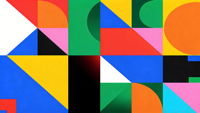 Colorful abstract geometric pattern with triangles rectangles circles and semicircles arranged in a grid layout