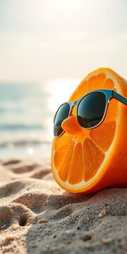 Sliced orange wearing shades and soaking up summer sun on sandy beach with calm sea in background, waves, ||beach
